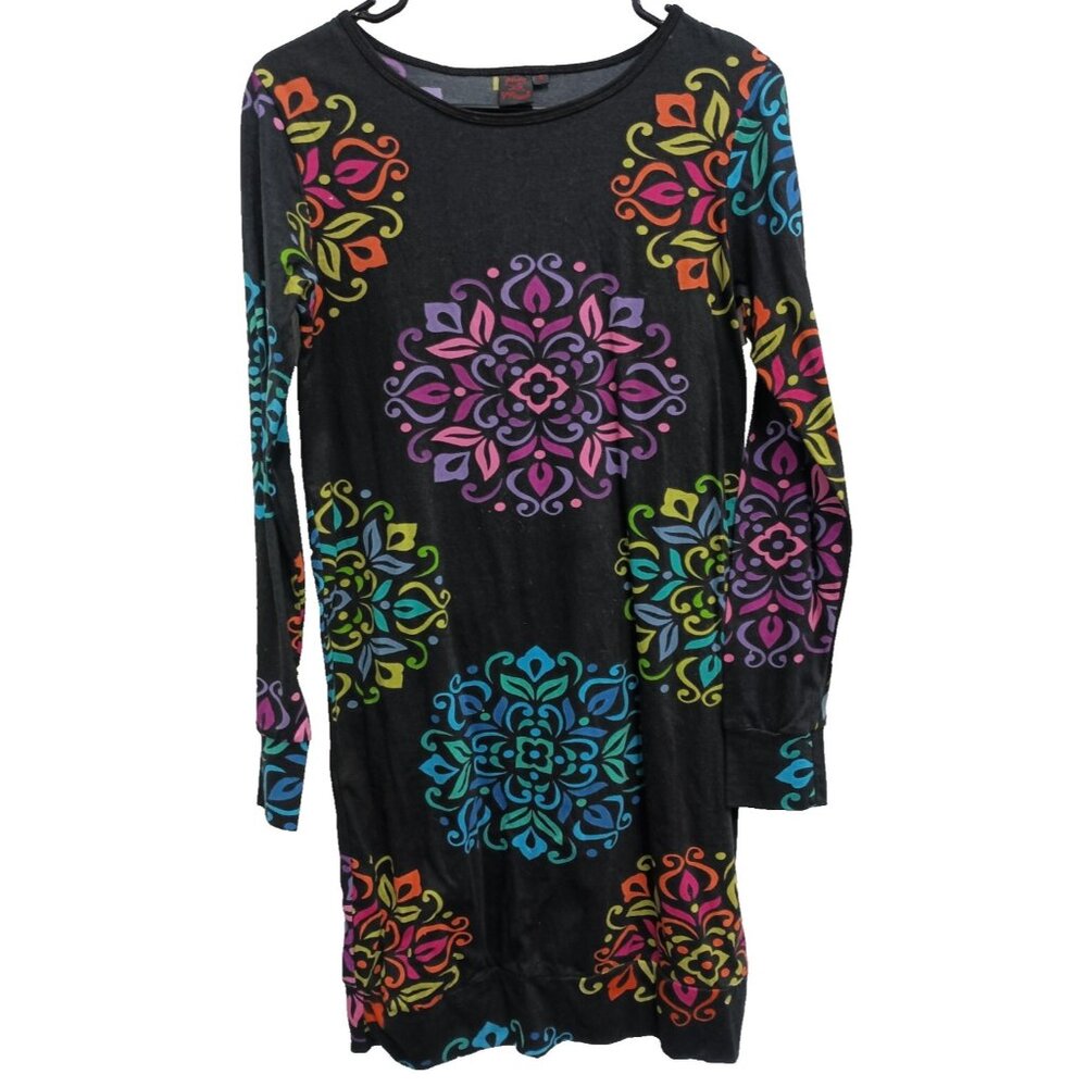 Aller Simplement Womens BOHO Dress Small Black Floral Long Sleeve Artsy Casual‎